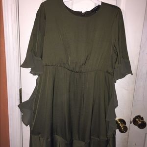 Olive Dress with Sheer Ruffles